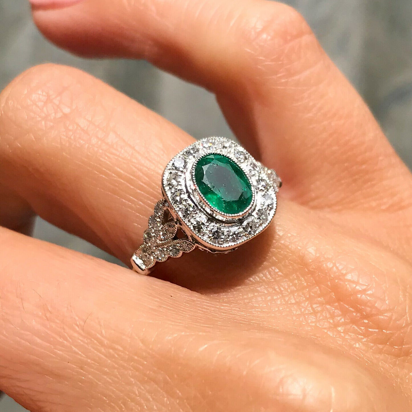 Oval Emerald Diamond Platinum Oval Ring Art Deco