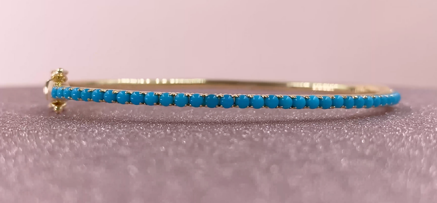 14K Gold 1.29 CT Turquoise Bead Bangle Natural Cabochon Bracelet