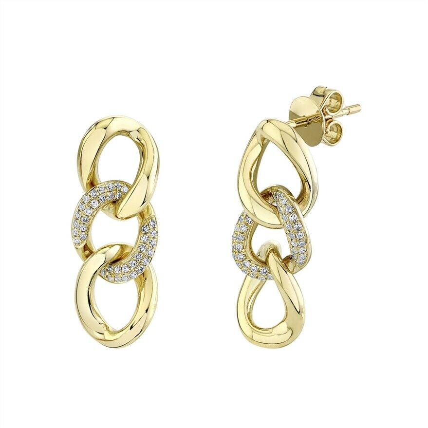 14K Gold 0.18CT Chain Link Diamond Earrings Dangle Drop Round Cut Natural