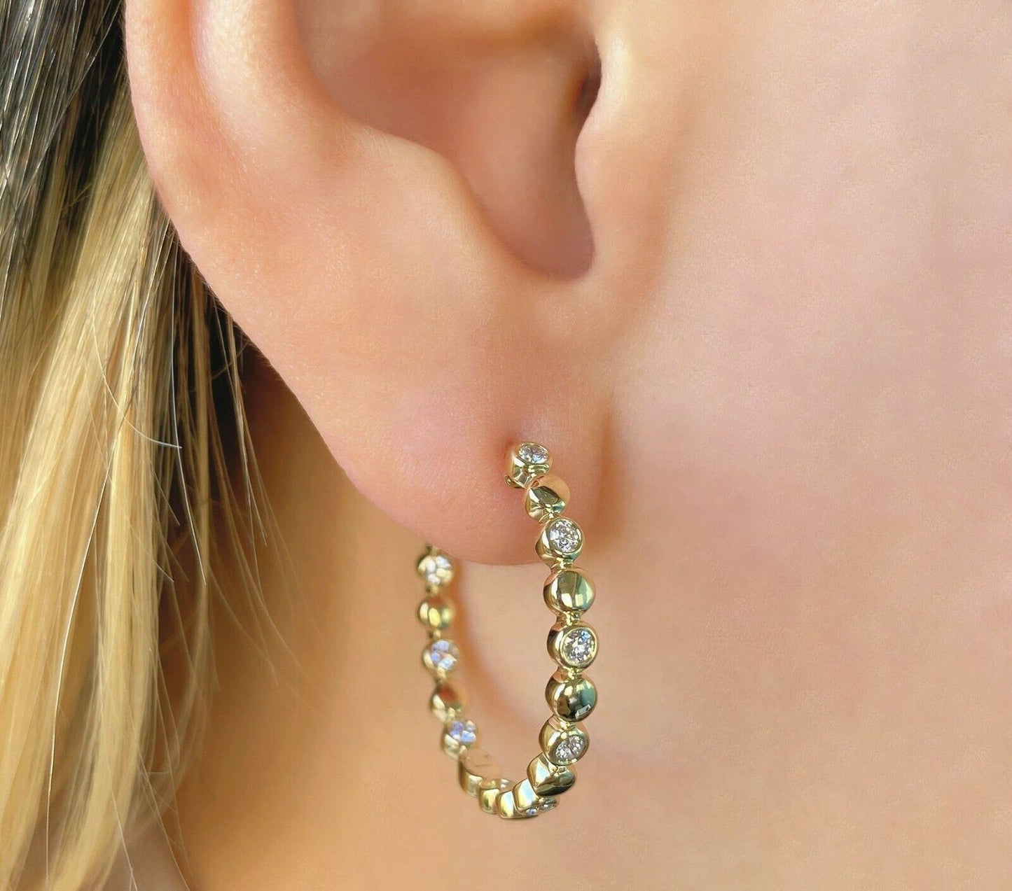 14K Gold 0.50 CT Bezel Set Diamond Hoop Earrings Inside Outside Round Cut