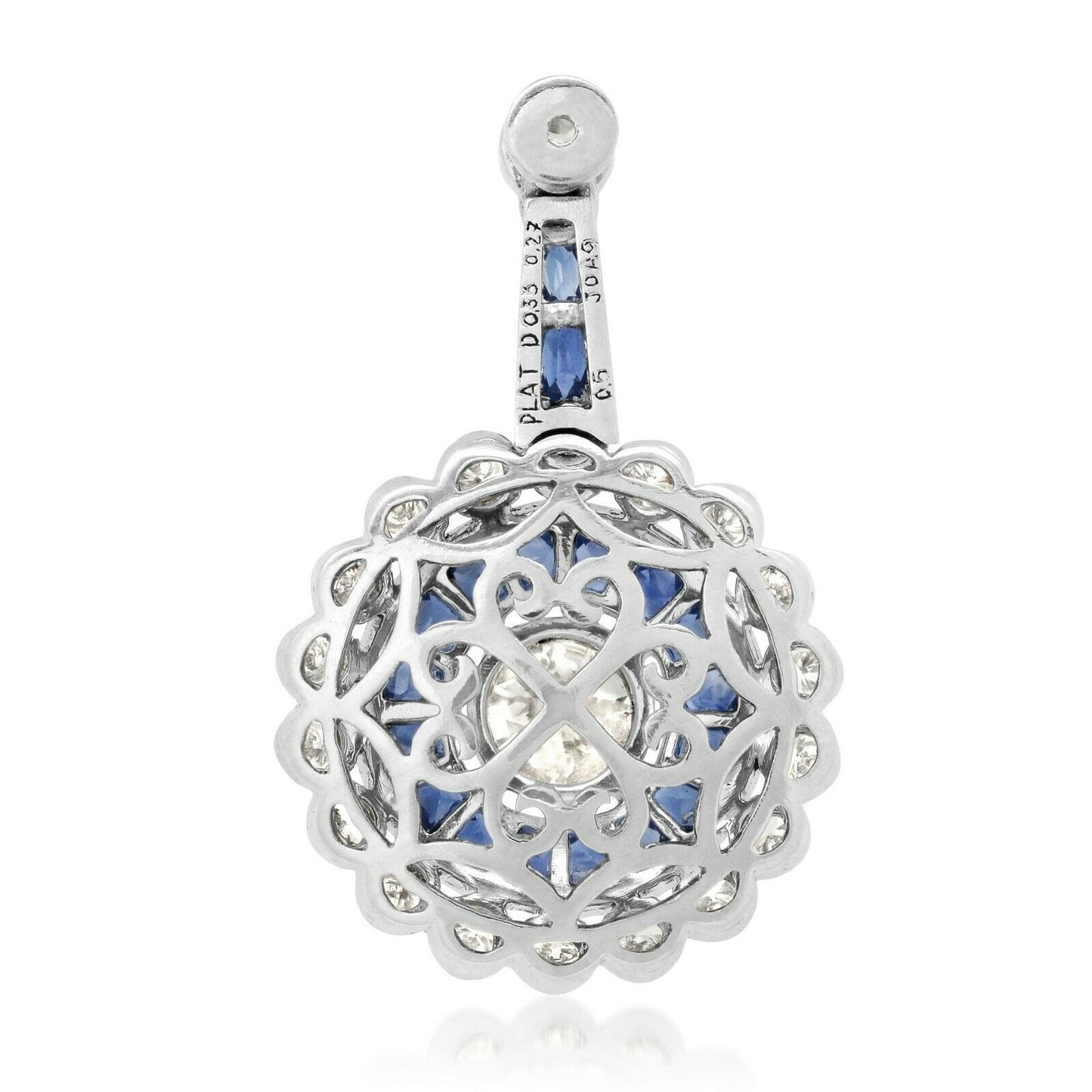 French Cut Sapphire Diamond Platinum Pendant Necklace Art Deco Chain Included