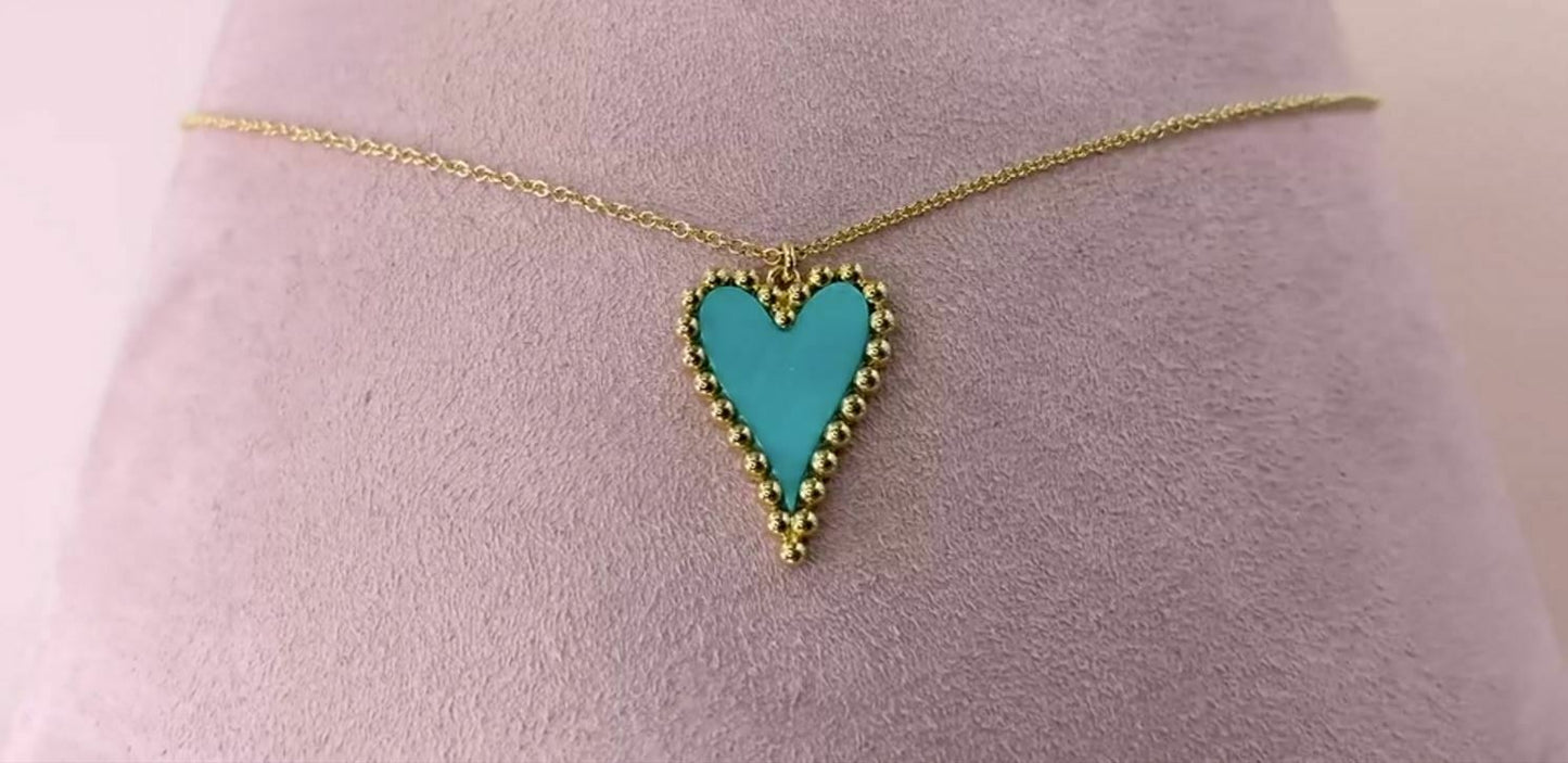 14K Yellow Gold Turquoise Heart Pendant Necklace Beaded Womens Adjustable Chain