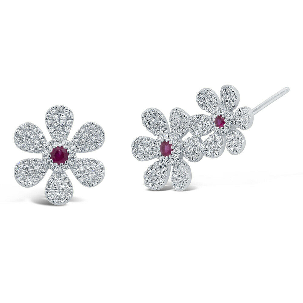 14K Gold 0.17 CT Natural Red Ruby Diamond Ear Crawler Stud Flower Earring Pin Back