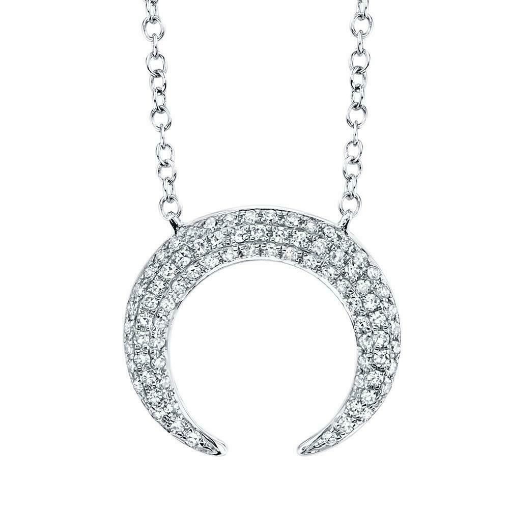 14K White Gold 0.20 CT Diamond Crescent Moon Pendant Necklace Pave Set Round Natural