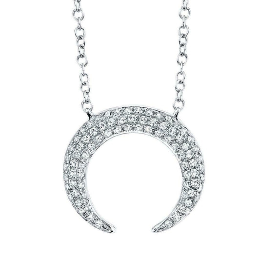 14K White Gold 0.20 CT Diamond Crescent Moon Pendant Necklace Pave Set Round Natural