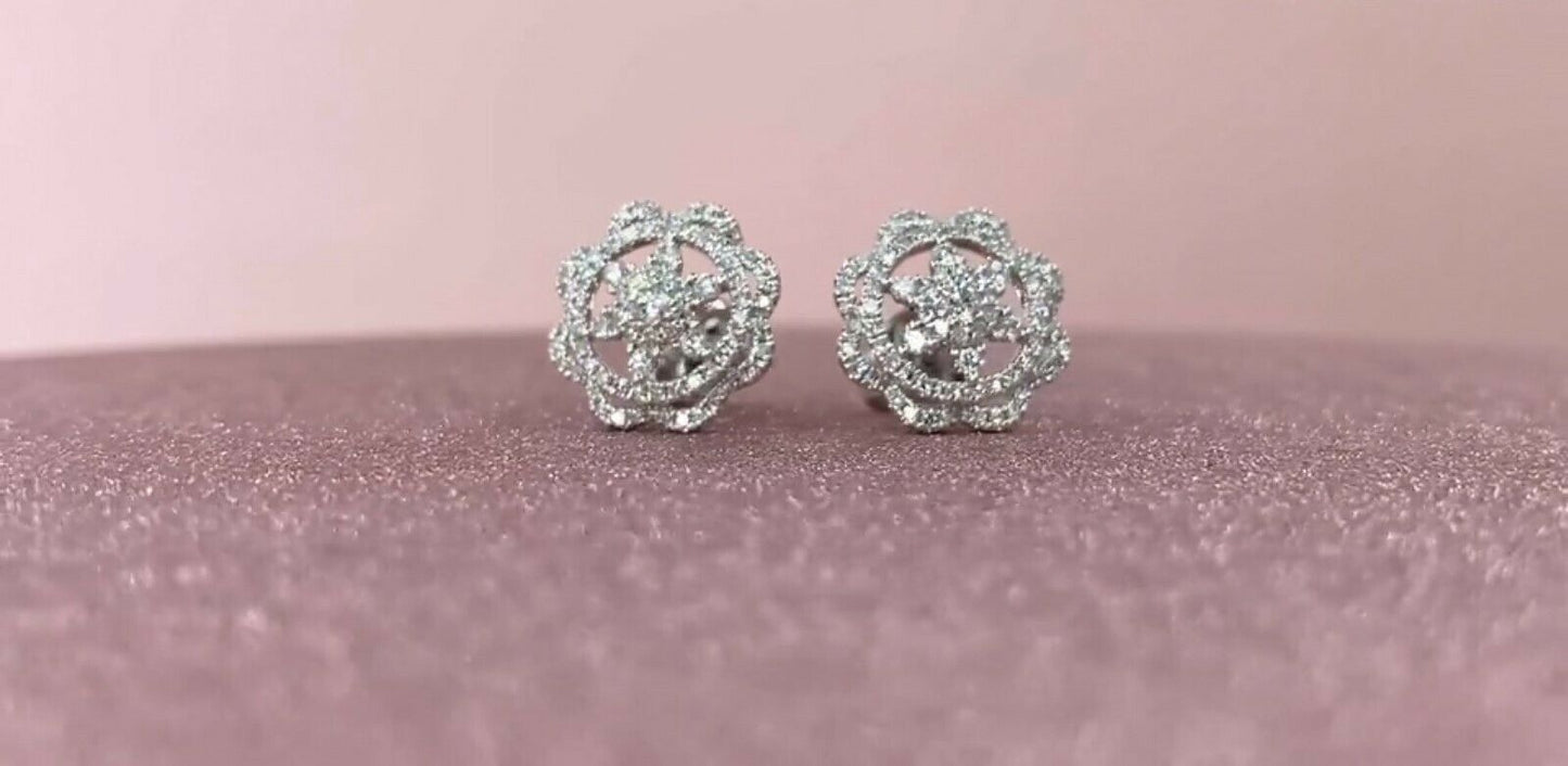 14K Gold 0.59 CT Diamond Star Scallop Stud Earrings Natural Round Cut