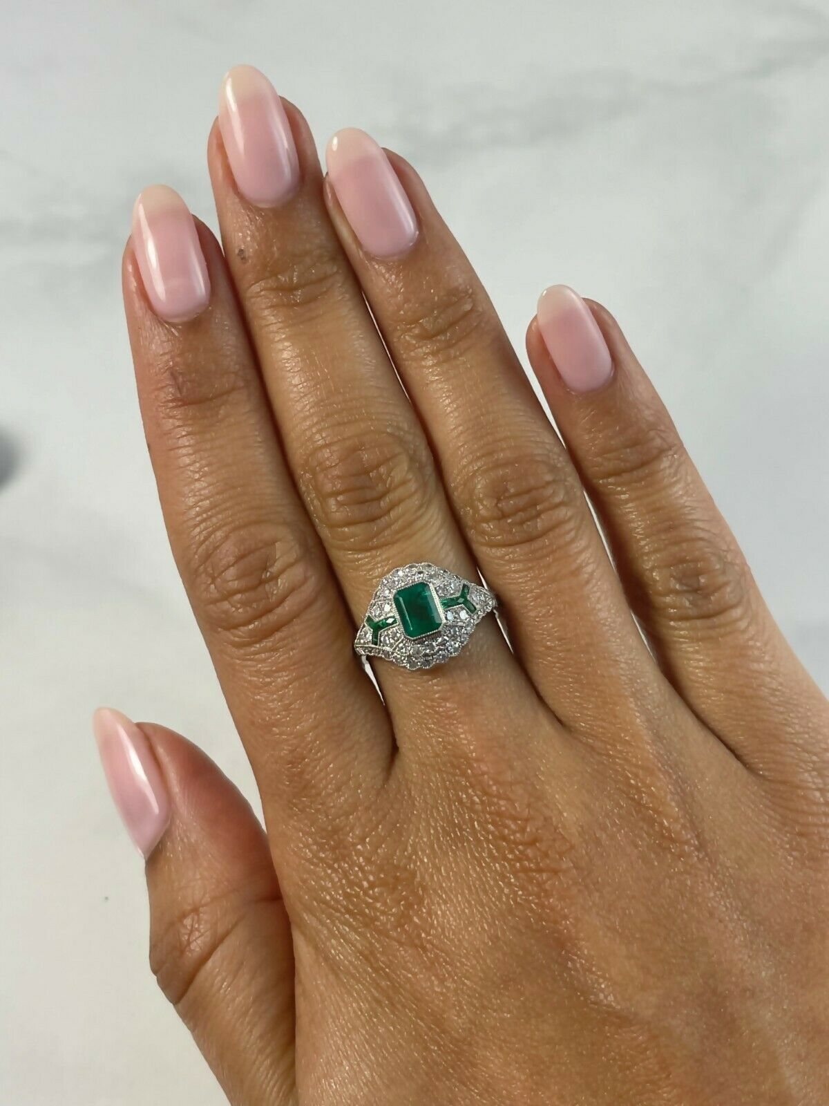 Diamond And Emerald Platinum Engagement Ring Art Deco Handmade Natural