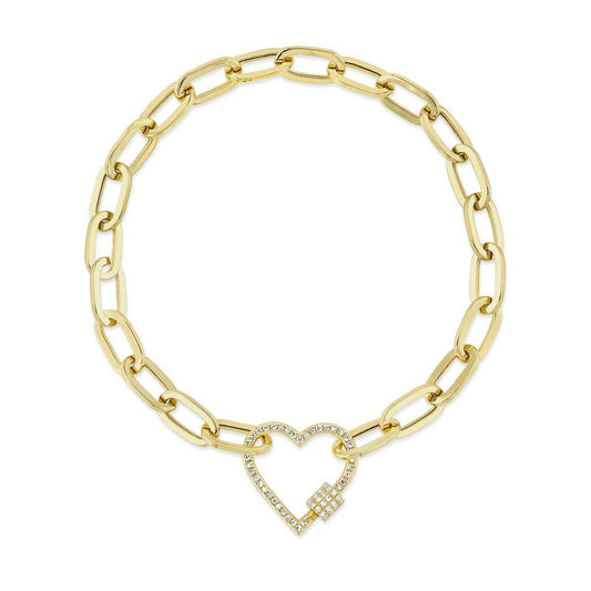 14K Gold 0.20 CT Diamond Heart Paper Clip Link Bracelet Round Cut Natural