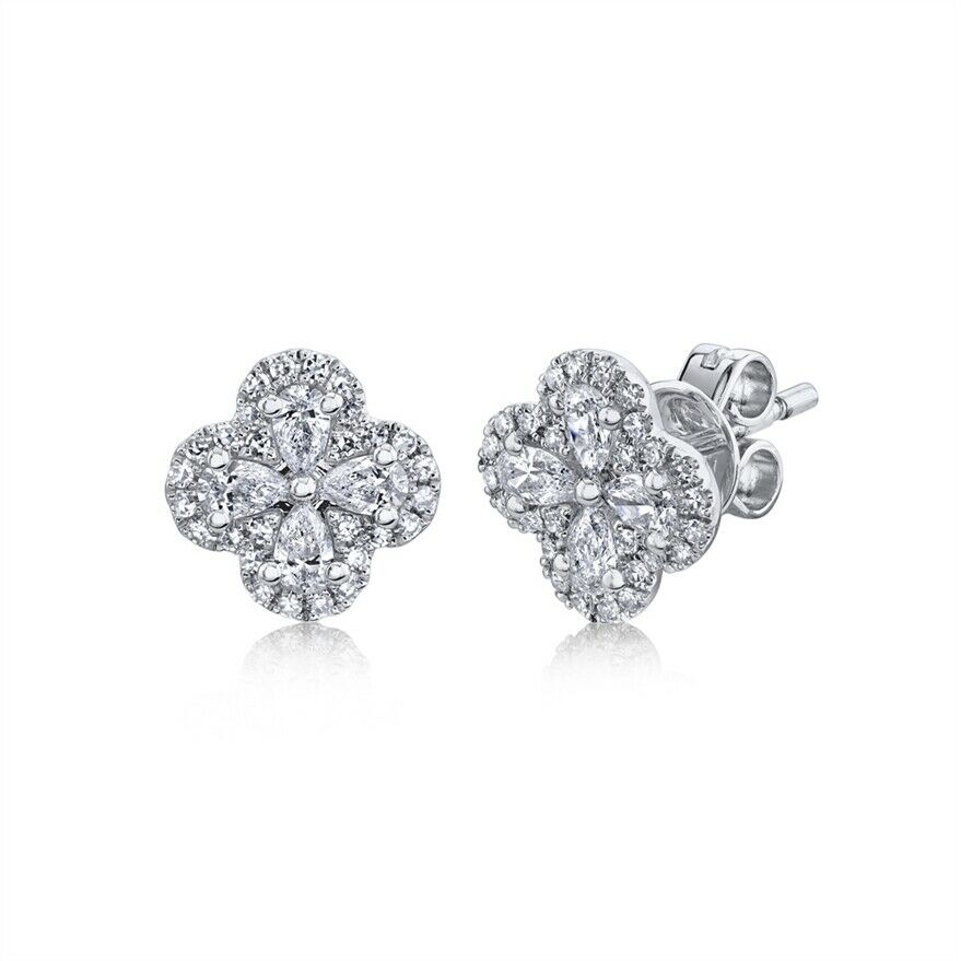 14K Gold 0.60 TCW Diamond Clover Flower Stud Earrings Pear Cut Natural