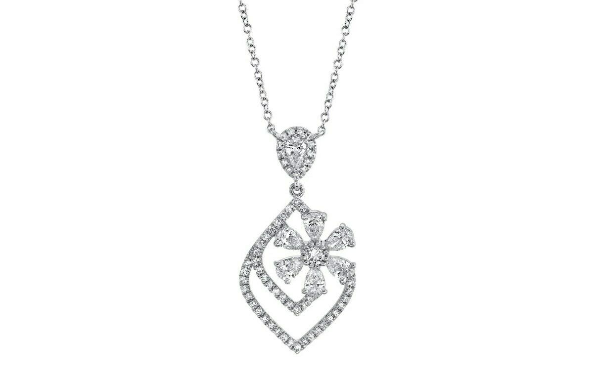 14K Gold 0.78 CT Pear Cut Diamond Pendant Necklace Floral Womens Natural Drop