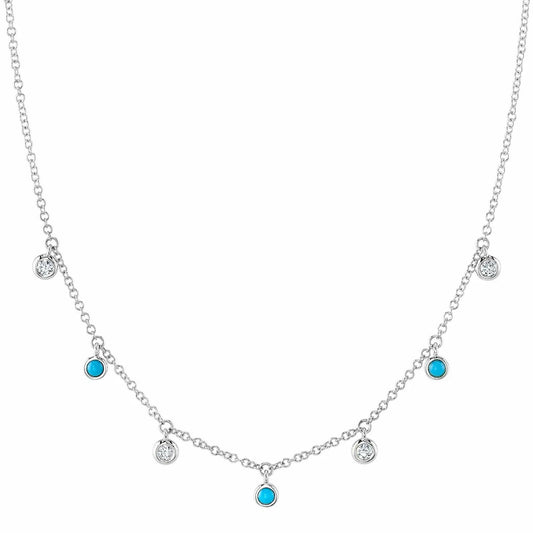 14K White Gold 0.22 TCW Turquoise Diamond Necklace Shaker Bezel Dangle Round Cut