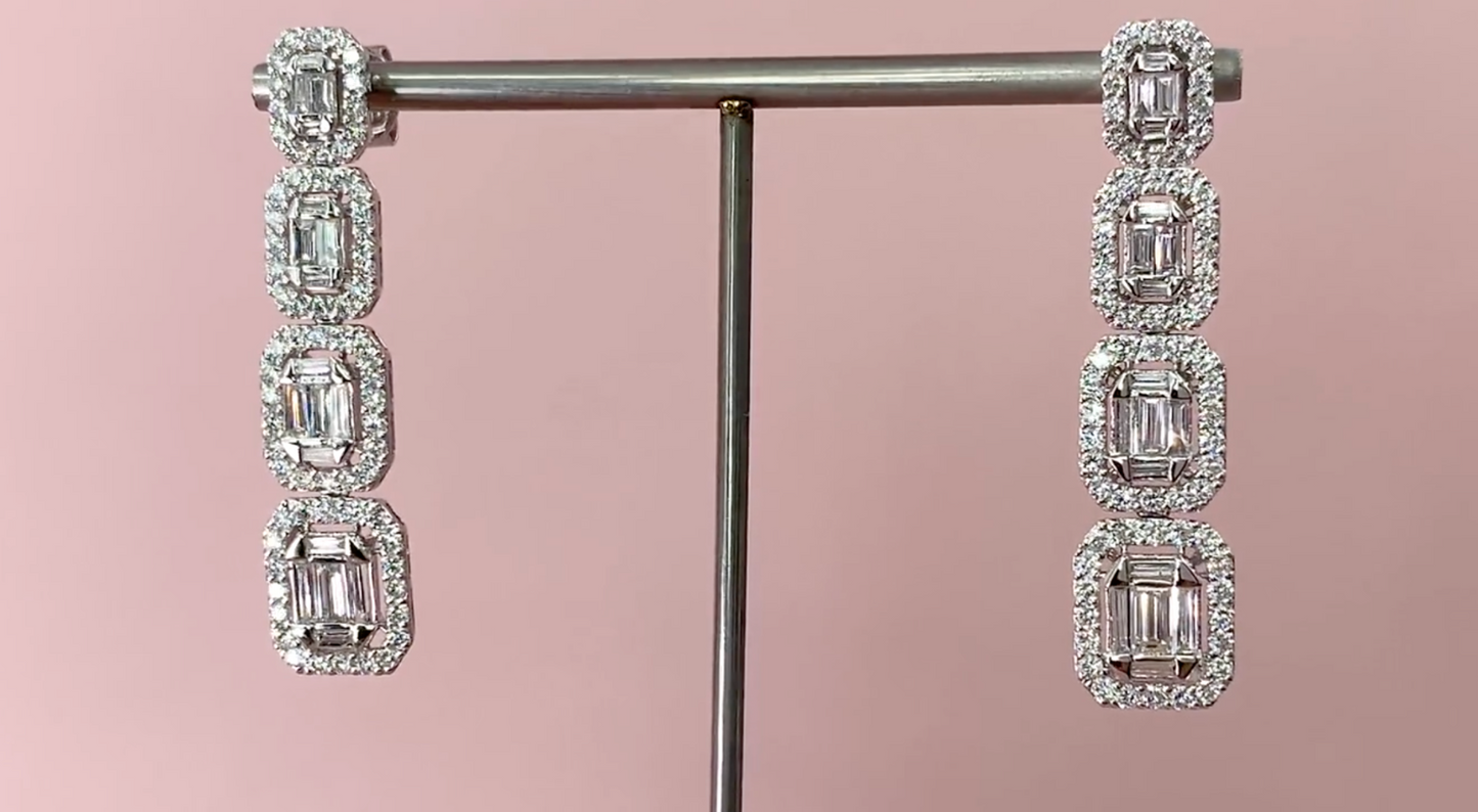 14K Gold 3.19 CT Baguette Diamond Earrings Emerald Shape Drop Dangle Natural