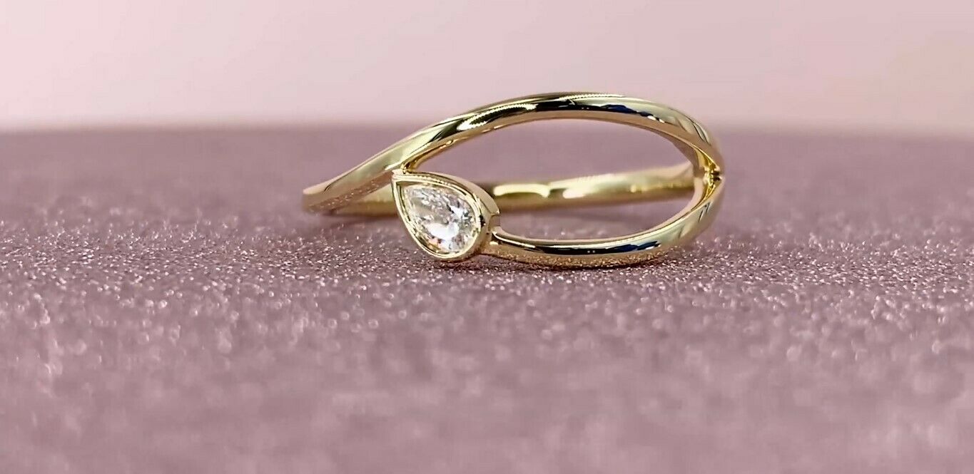 14K Gold 0.08 CT Pear Diamond Ring Statement Cocktail Right Hand Womens Unique