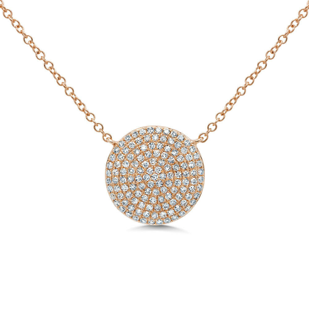 14K Gold 0.37CT Diamond Pendant Pave Round Puff Circle Disc Necklace