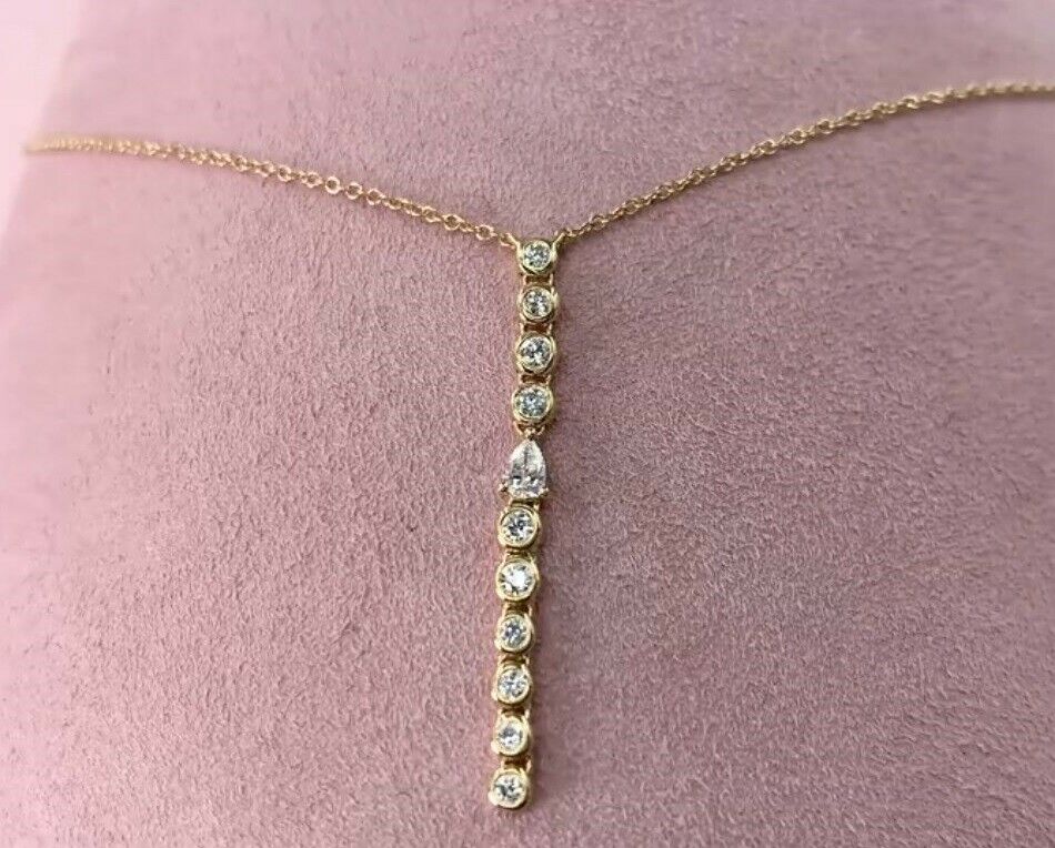 14K Yellow Gold 0.35 CT Diamond Drop Y Necklace Pear Round Cut Bezel Certified Natural