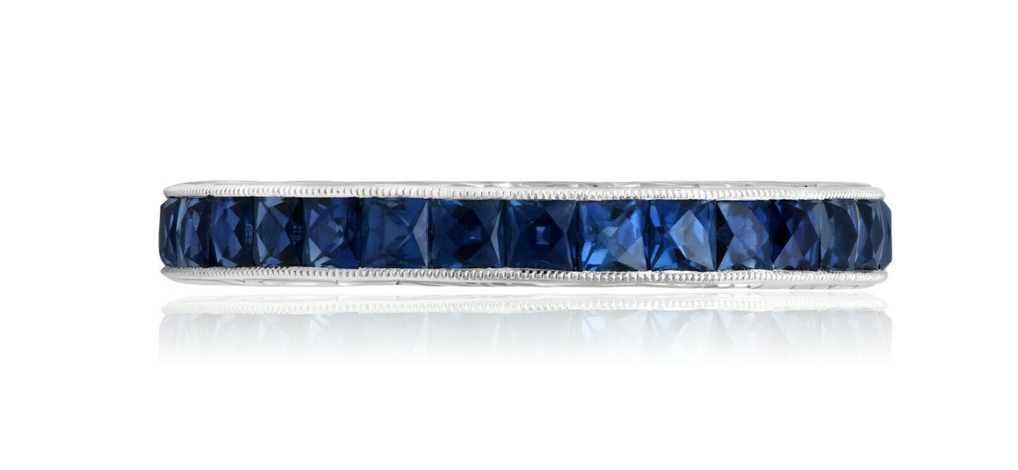 Princess Blue Sapphire Eternity White Gold Ring Art Deco Handmade Engraved