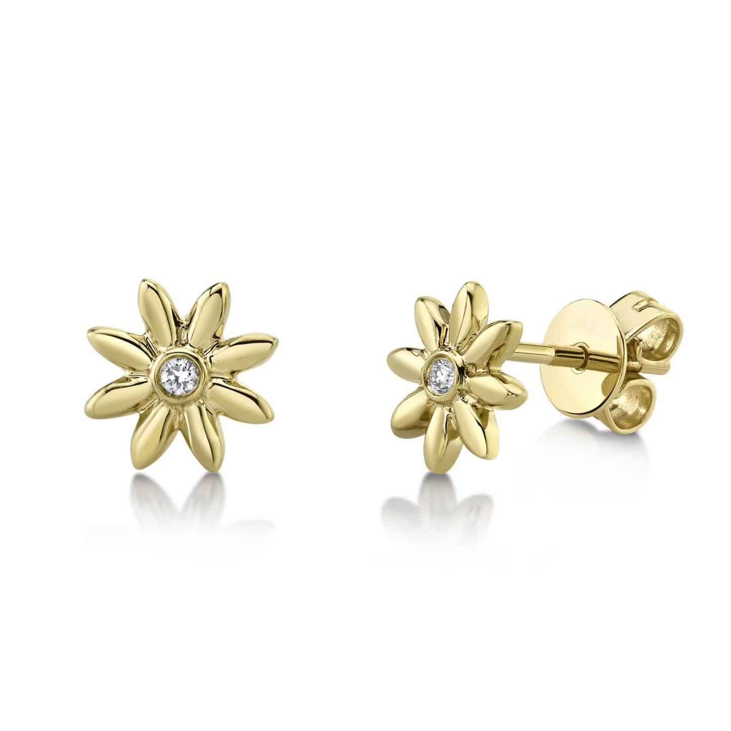 14k Gold 0.03 CT Diamond Daisy Flower Earrings Natural Bezel Studs