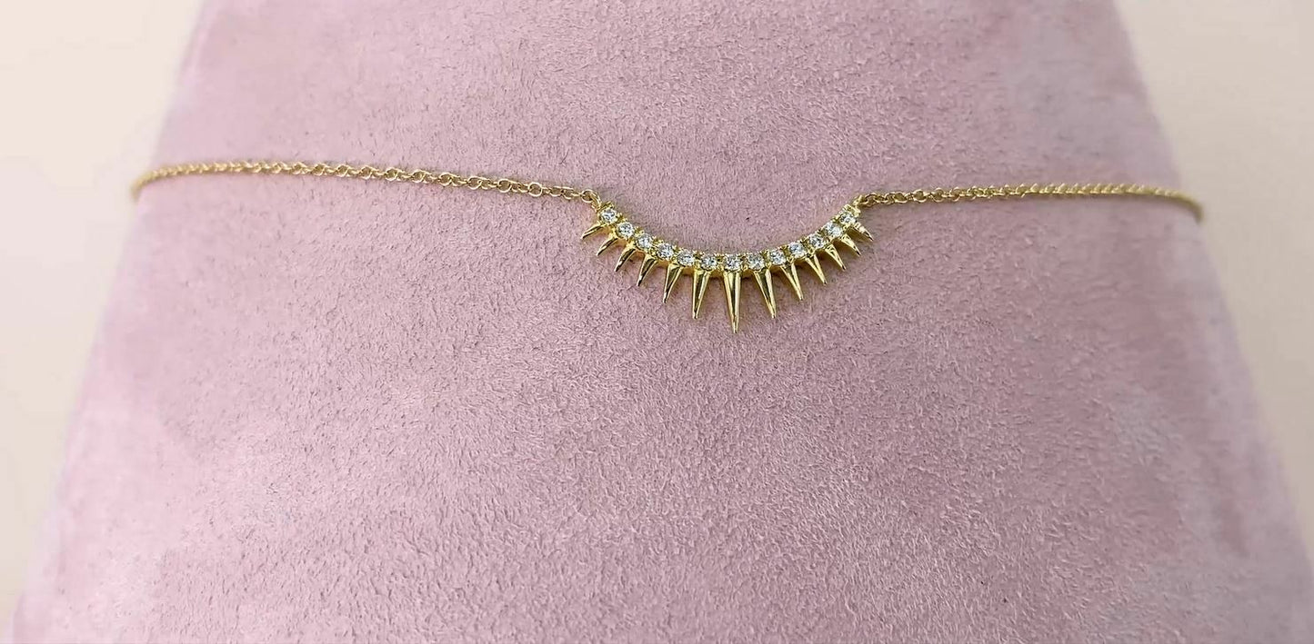 14K Gold 0.12CT Diamond Spike Curved Necklace Triangle Spikey Round Cut
