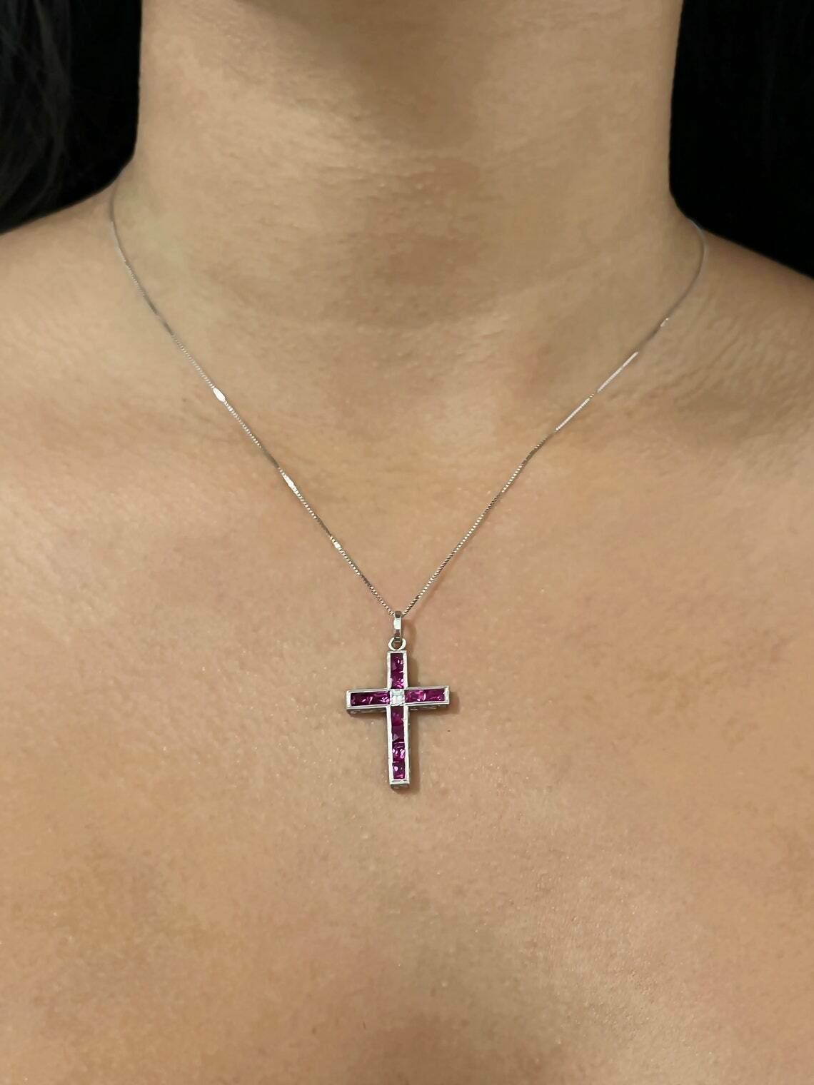Art Deco Ruby Diamond Cross Platinum Pendant Necklace Chain Included