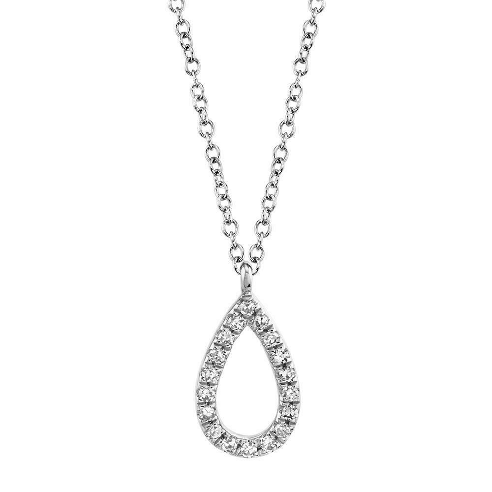 14K White Gold Diamond Pear Teardrop Pendant Necklace Open 0.06CT Round Womens