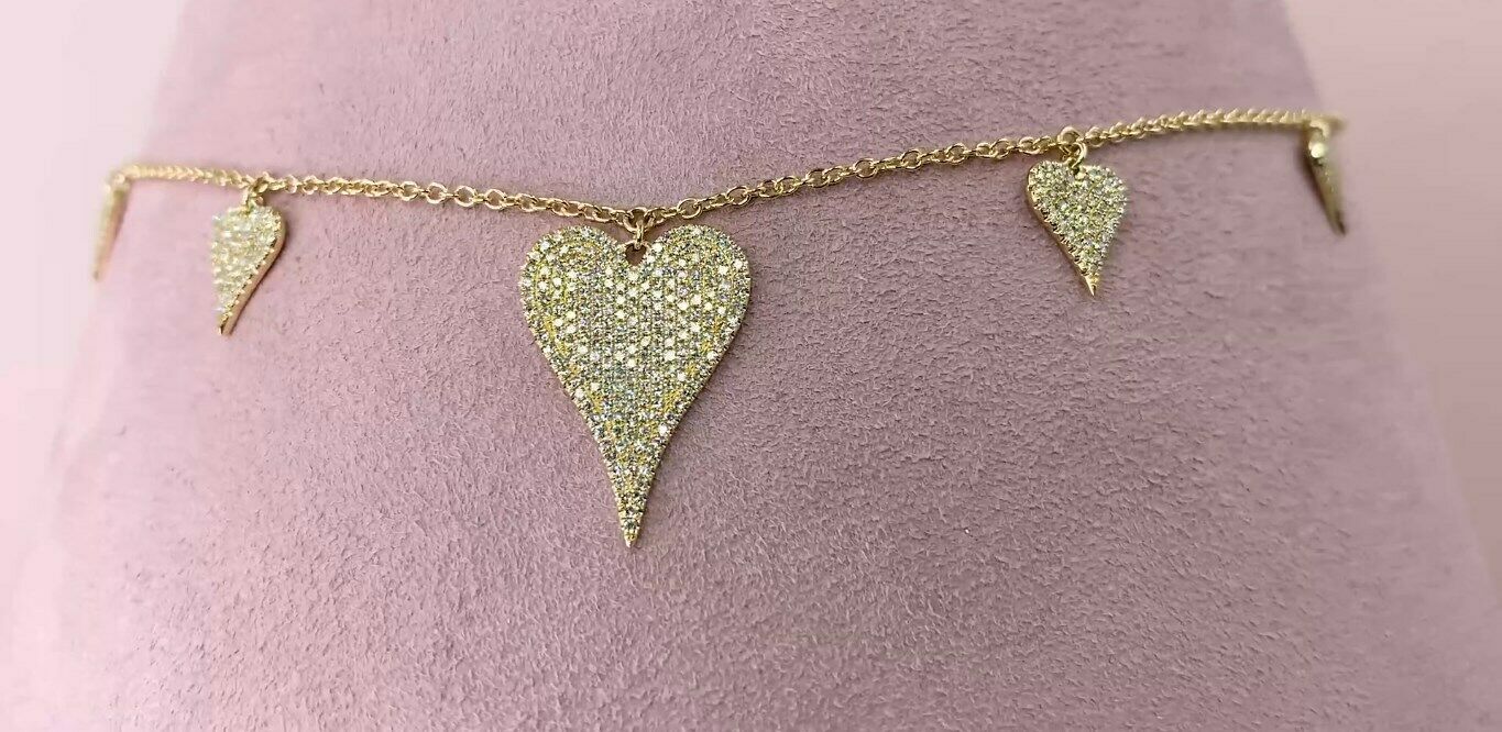 14K Gold 0.72 CT Diamond Hearts Necklace Pave Set Round Cut Natural
