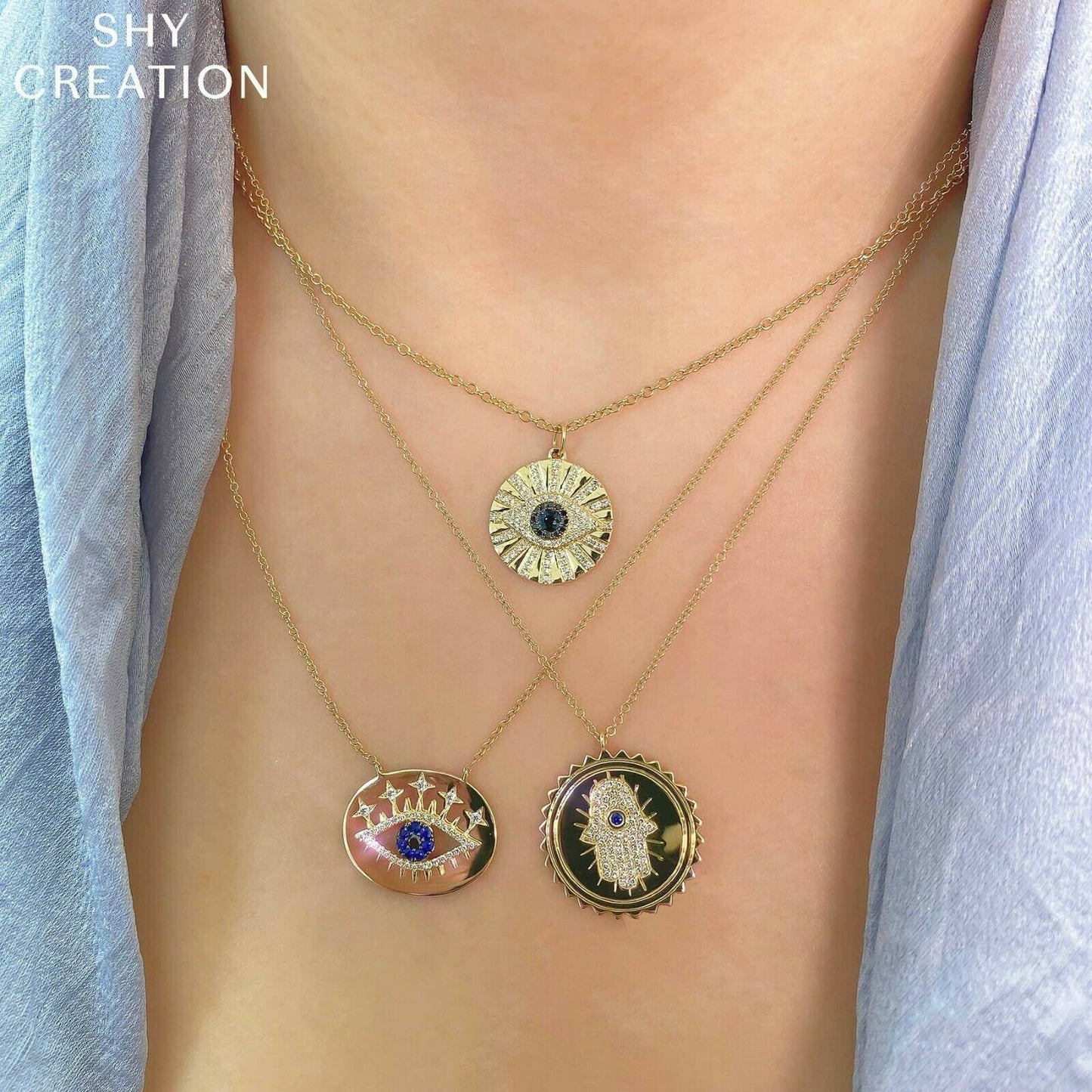 14K Yellow Gold Eye Necklace Black White Diamond Blue Sapphire Circle Disc Evil