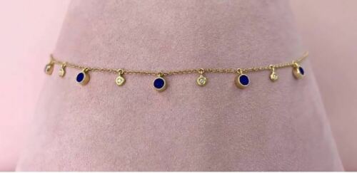 14K Gold 0.90 CT Lapis Lazuli Diamond Necklace Women's Dangle Bezel Beaded Collar