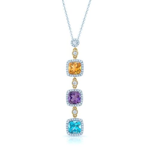 14K Gold Multi-Color Gemstones Diamond Necklace