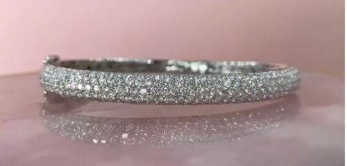 14K Gold 5.24 CT Pave Diamond Bangle Bracelet Womens Wide Clasp Lock Round