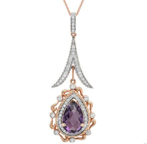 14K Gold 3.31 CT Pear Amethyst Diamond Necklace
