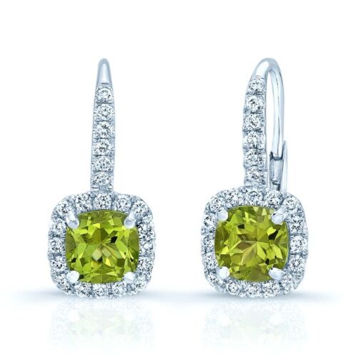14K White Gold 1.63 CT Diamond Peridot-Cushioned Lever Back Earrings