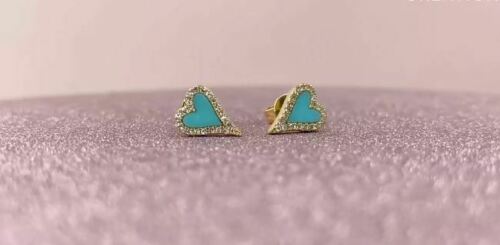 14K Gold 0.49 TCW Turquoise Diamond Heart Stud Earrings Love Natural