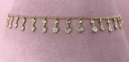 14K Gold 0.93 CT Bezel Diamond Necklace Round Cut Womens Dangling Dangle Strands