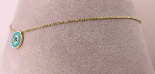 14K Gold 0.56 CT Turquoise Sapphire Diamond Pendant Necklace Natural Women's