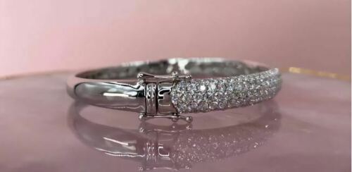 14K Gold 5.24 CT Pave Diamond Bangle Bracelet Womens Wide Clasp Lock Round