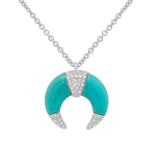 14K Gold 1.53 CT Turquoise Diamond Crescent Pendant Necklace Womens Round Cut Moon