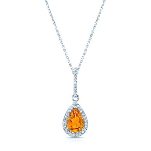 14K Gold 1.40 CT Teardrop Citrine Diamond Pendant Necklace