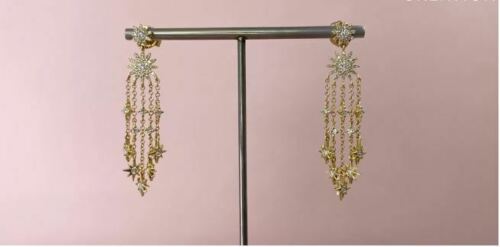 14K Gold 0.73 CT Diamond Starburst Fringe Earrings Stars Chandelier Dangling Drop