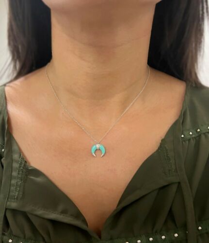 14K Gold 1.53 CT Turquoise Diamond Crescent Pendant Necklace Womens Round Cut Moon