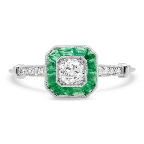 Diamond And Fancy Emerald Platinum Ring Art Deco Handmade