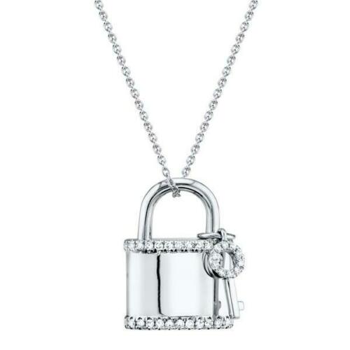 14k Gold 0.21 CT Diamond Lock & Key Pendant Necklace Natural Round Cut