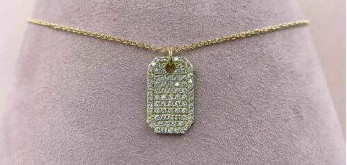 14K Gold 0.90 CT Diamond Dog Tag Pendant Necklace Natural Round Cut Women's