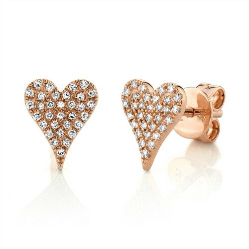 14K Gold 0.14 TCW Diamond Heart Stud Earrings Pave Round  Natural Jewelry