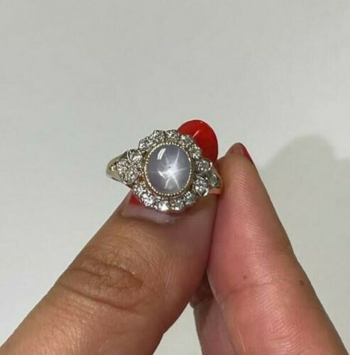 14K Gold 3.20 CT Diamond Star Sapphire Ring Oval Natural Handmade 6 Star Asterism