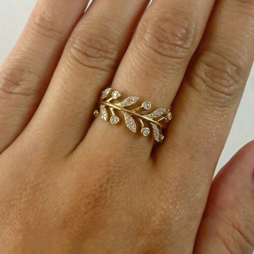 14K Gold 0.24 CT Diamond Leaf Ring Statement Natural Round Cut Bezel