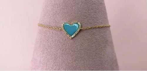 14K Gold 0.60 CT Heart Turquoise Diamond Bracelet Charm Women's Natural Love