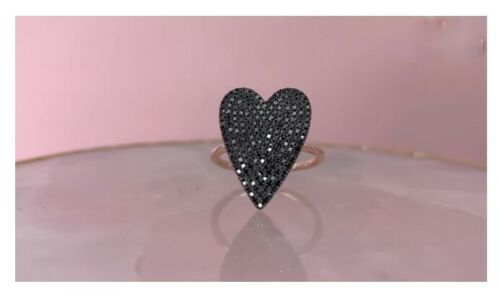 14K Gold 0.62 CT Heart Black Diamond Ring Women's Round Pave Cocktail Right Hand