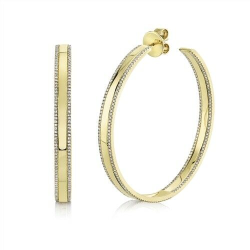 14K Gold 1.66 CT Diamond Hoops Earrings Open Push Back Round Cut 2" Diameter