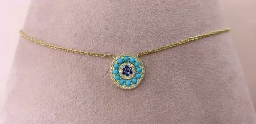 14K Gold 0.56 CT Turquoise Sapphire Diamond Pendant Necklace Natural Women's