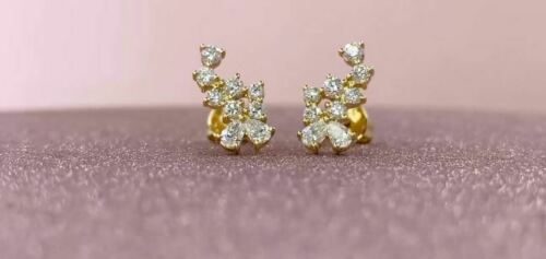 14K Gold 0.70 CT Pear Round Cut Diamond Stud Ear Crawler Earrings Natural